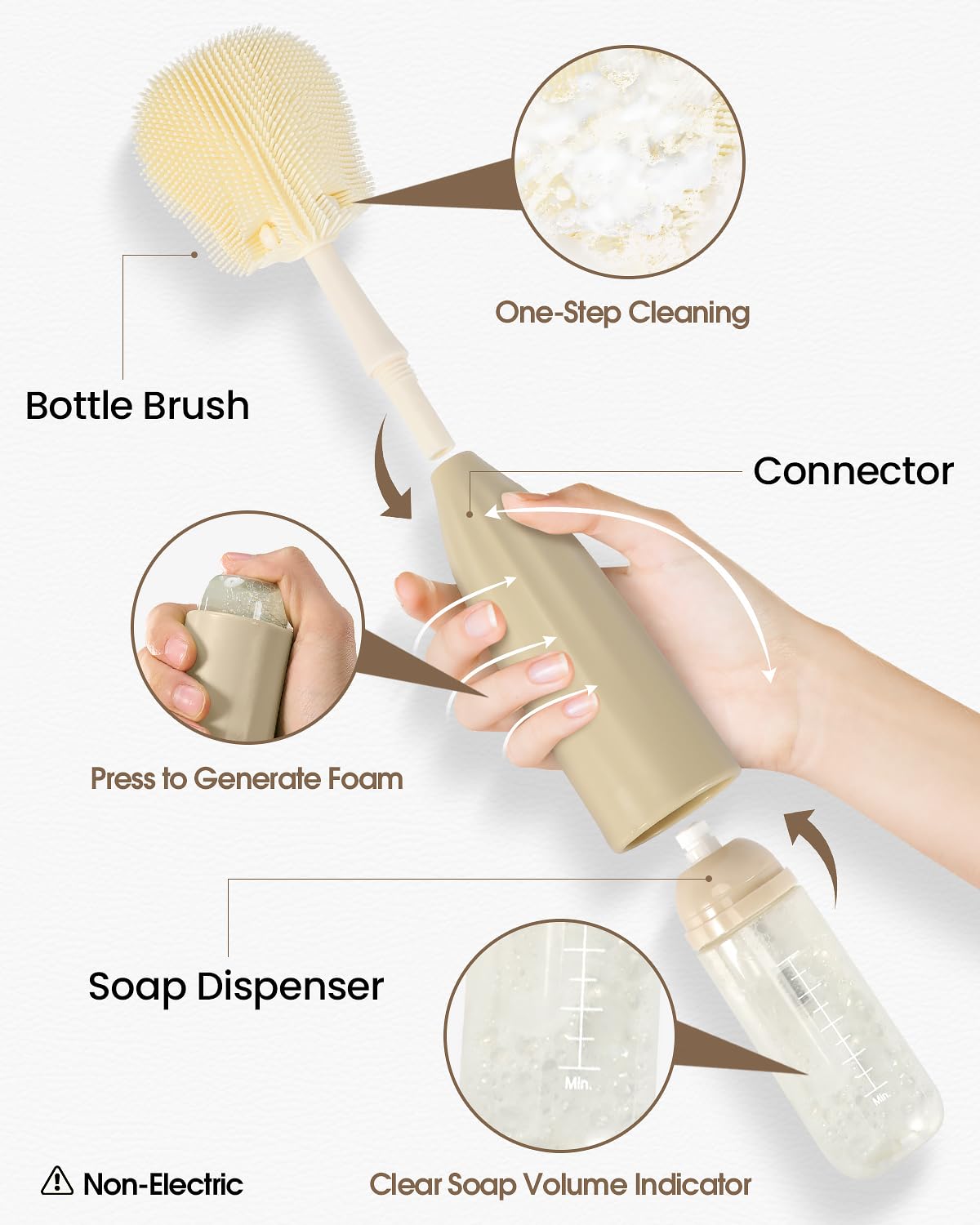 Baobrava straw brush with soft bristles cleans narrow openings safely.