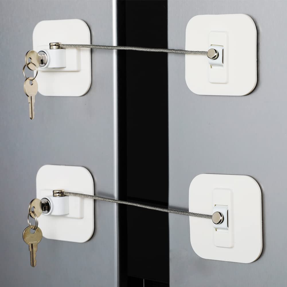 BAOWEIJD fridge lock front view with two white locks for child safety and simple access control.