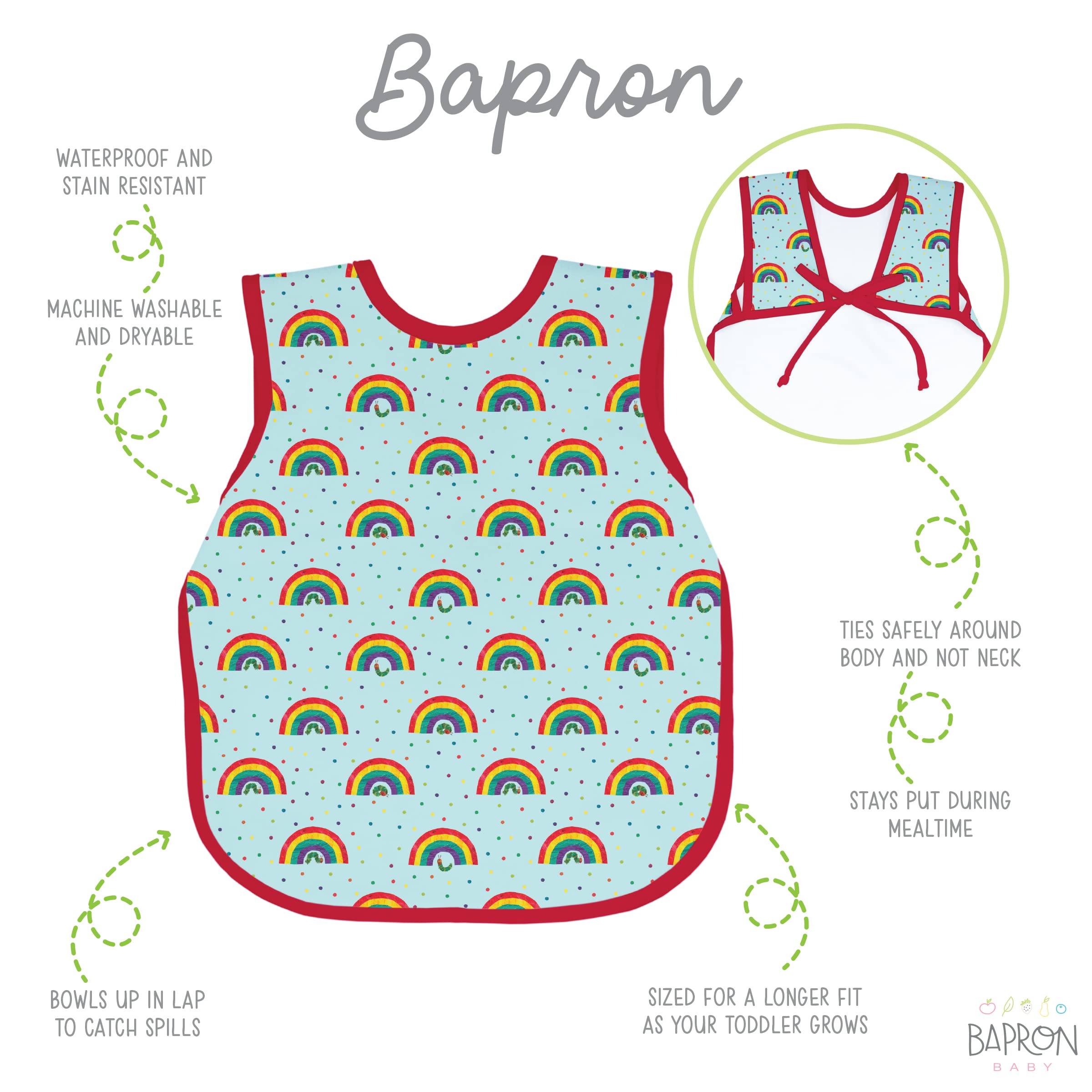 BapronBaby Eric Carle Rainbow Caterpillar Bapron side view shows tie-strap safety fit.