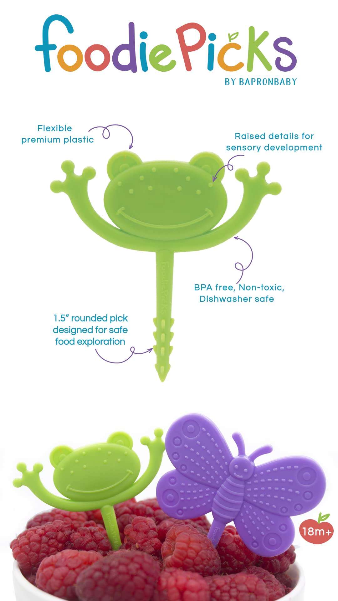 Close up of frog design on BapronBaby Foodie Picks with sensory details