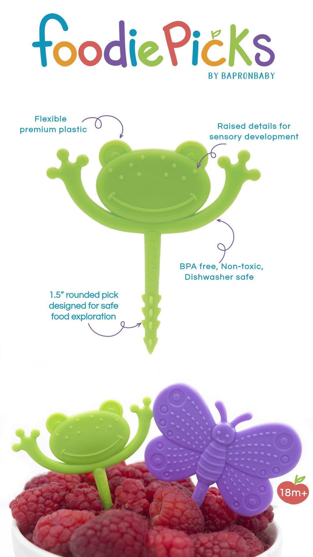 Close up of frog design on BapronBaby Foodie Picks with sensory details
