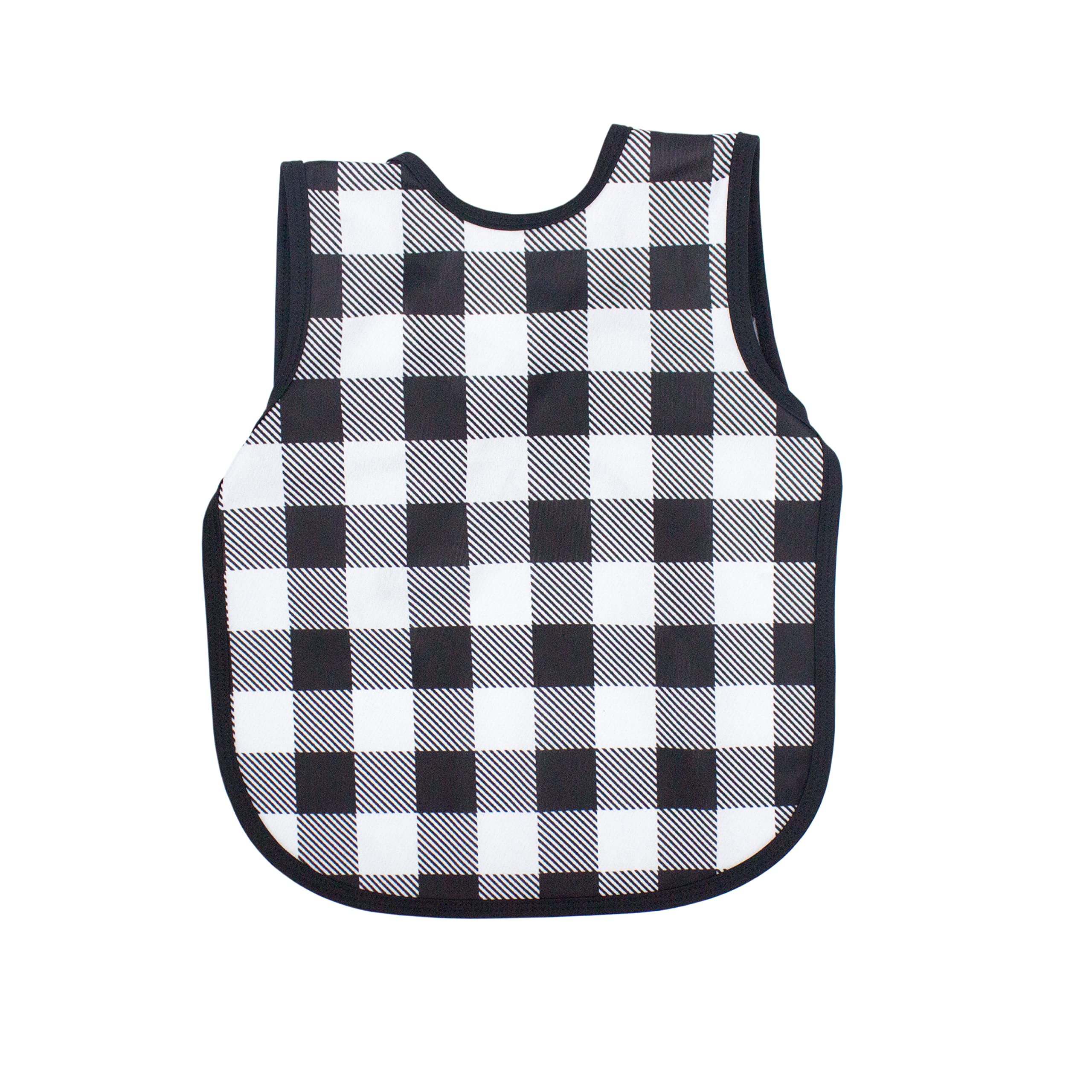 Shows BapronBaby white buffalo plaid bapron front view for mess-free mealtimes.
