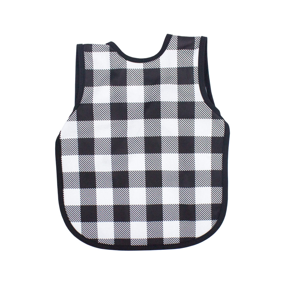 Shows BapronBaby white buffalo plaid bapron front view for mess-free mealtimes.