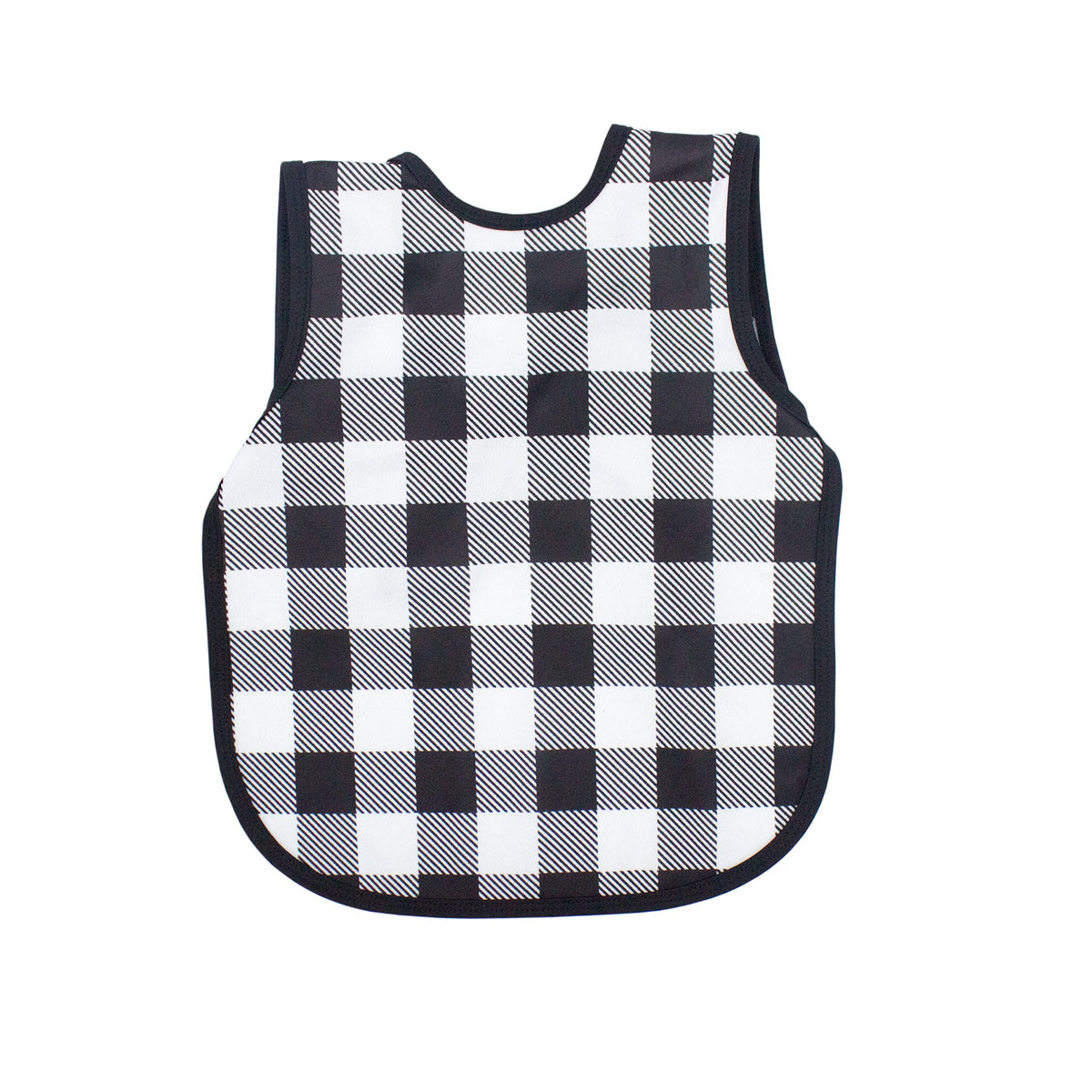 Shows BapronBaby white buffalo plaid bapron front view for mess-free mealtimes.