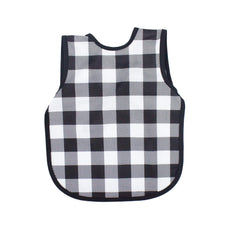 Shows BapronBaby white buffalo plaid bapron front view for mess-free mealtimes.