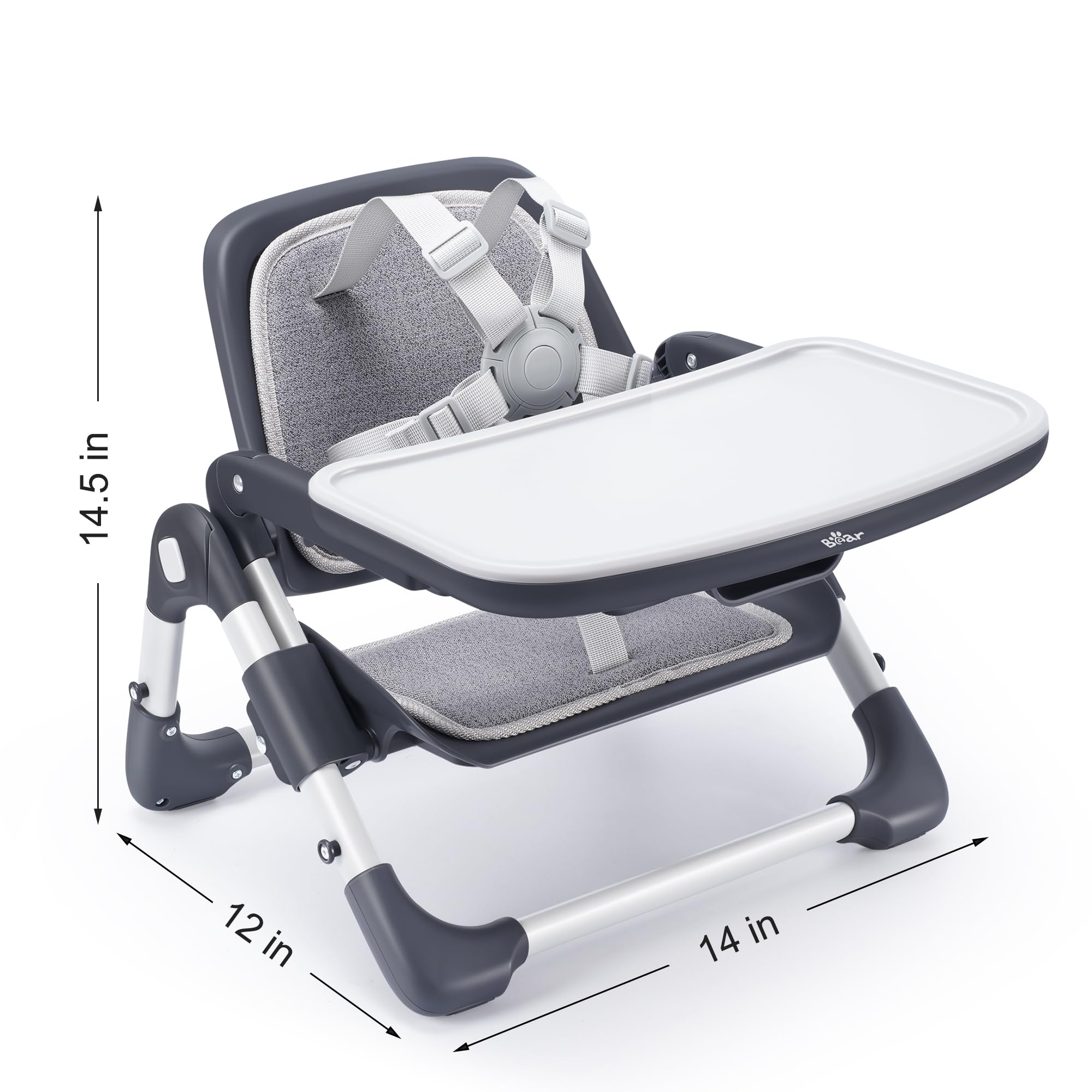 Bar Bear Booster Seat attaches securely with adjustable anchoring straps for stability.