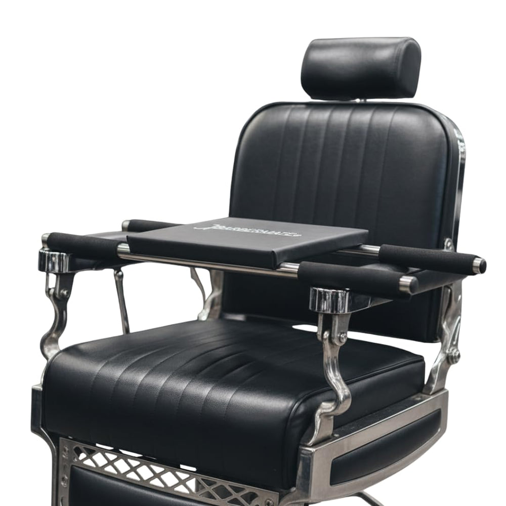 BarberMate Bar Style Child Seat in black finish blends with any barber setup and stays durable.