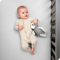 Bare Home closeup of cloud-grey crib sheet microfiber texture promoting breathable comfort