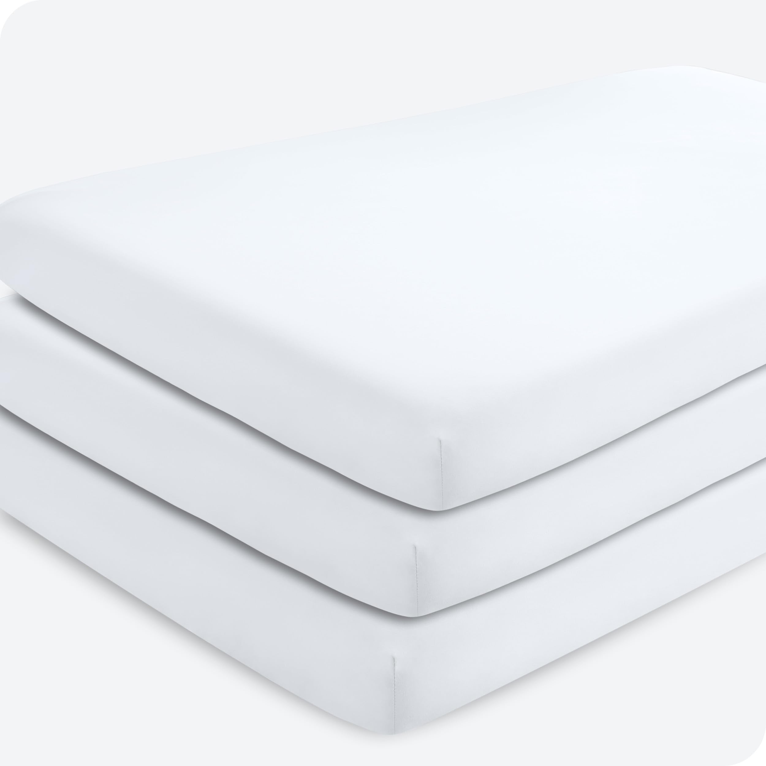 Bare Home 3-pack fitted crib sheets in white packaging show multi-pack convenience.