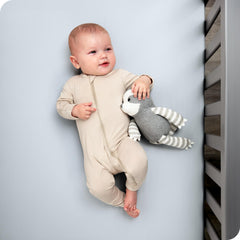 Bare Home Cloud Grey crib sheets emphasize snug fit with elastic edges.