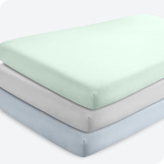 Bare Home 3-pack crib sheets Sky Blue show soft, breathable microfiber surface.