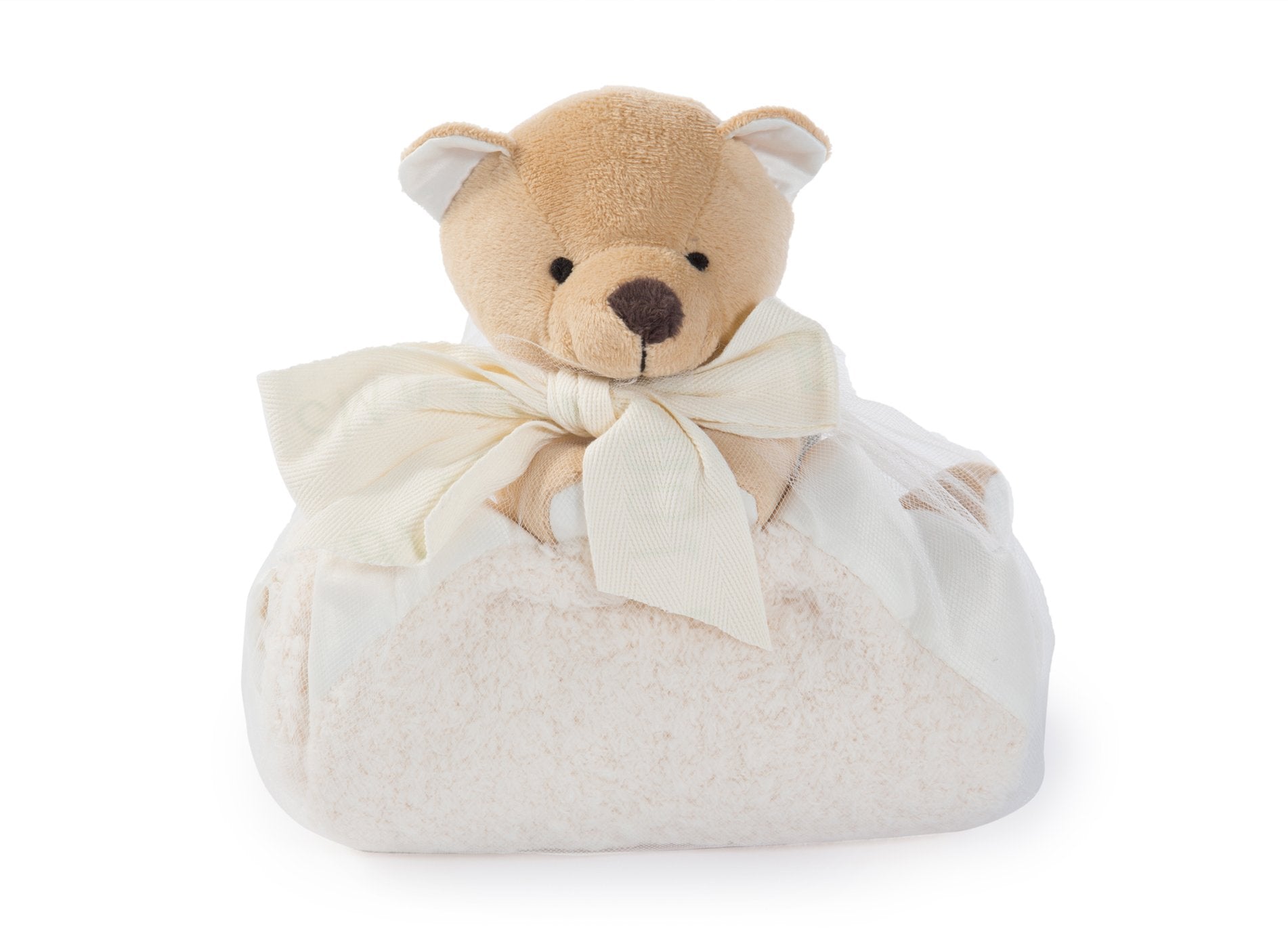 Barefoot Dreams CozyChic Buddie cream bear texture highlights soft tactile quality for cuddling.