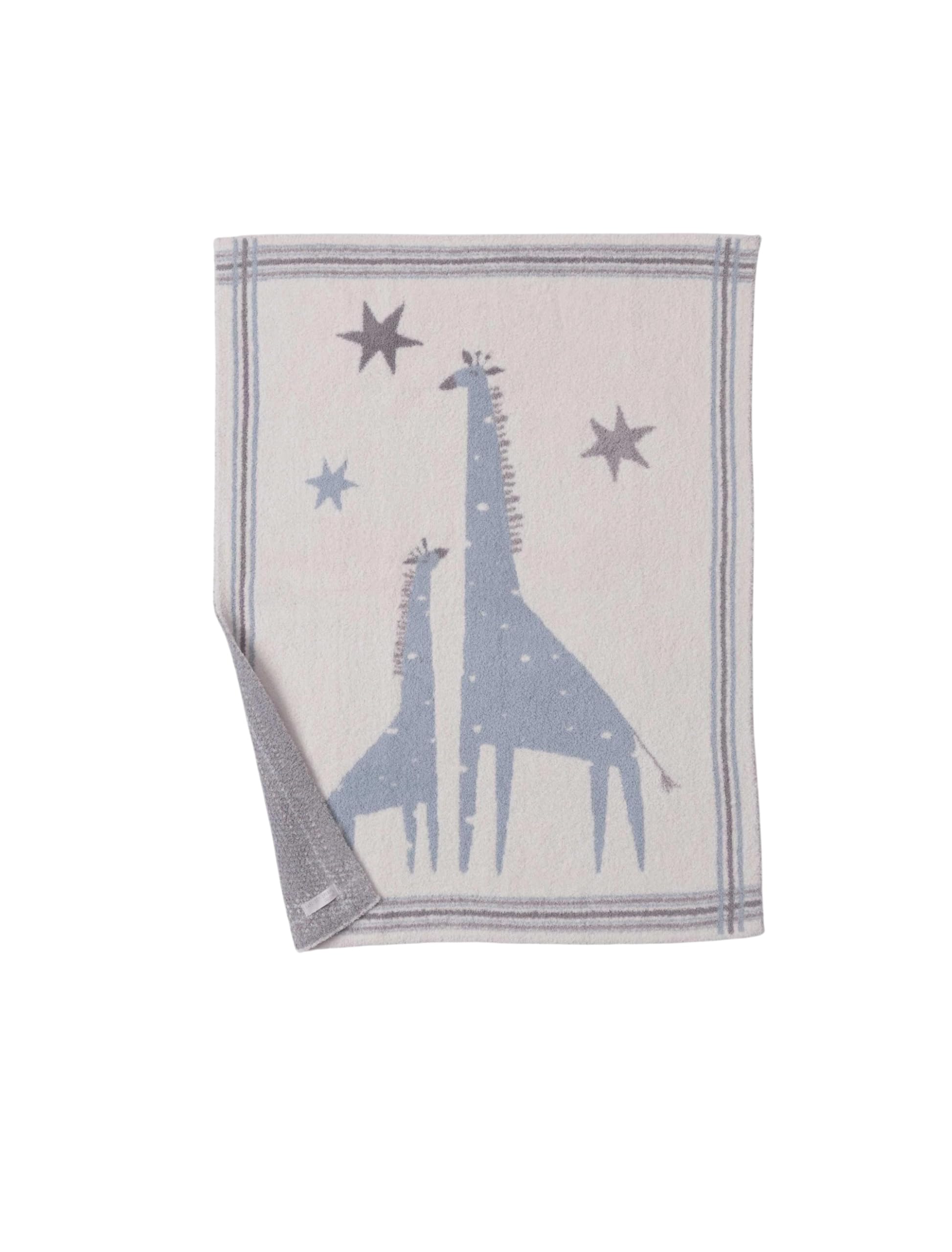 Barefoot Dreams CozyChic Giraffe Stroller Blanket closeup shows giraffe motif and soft fibers for baby comfort.