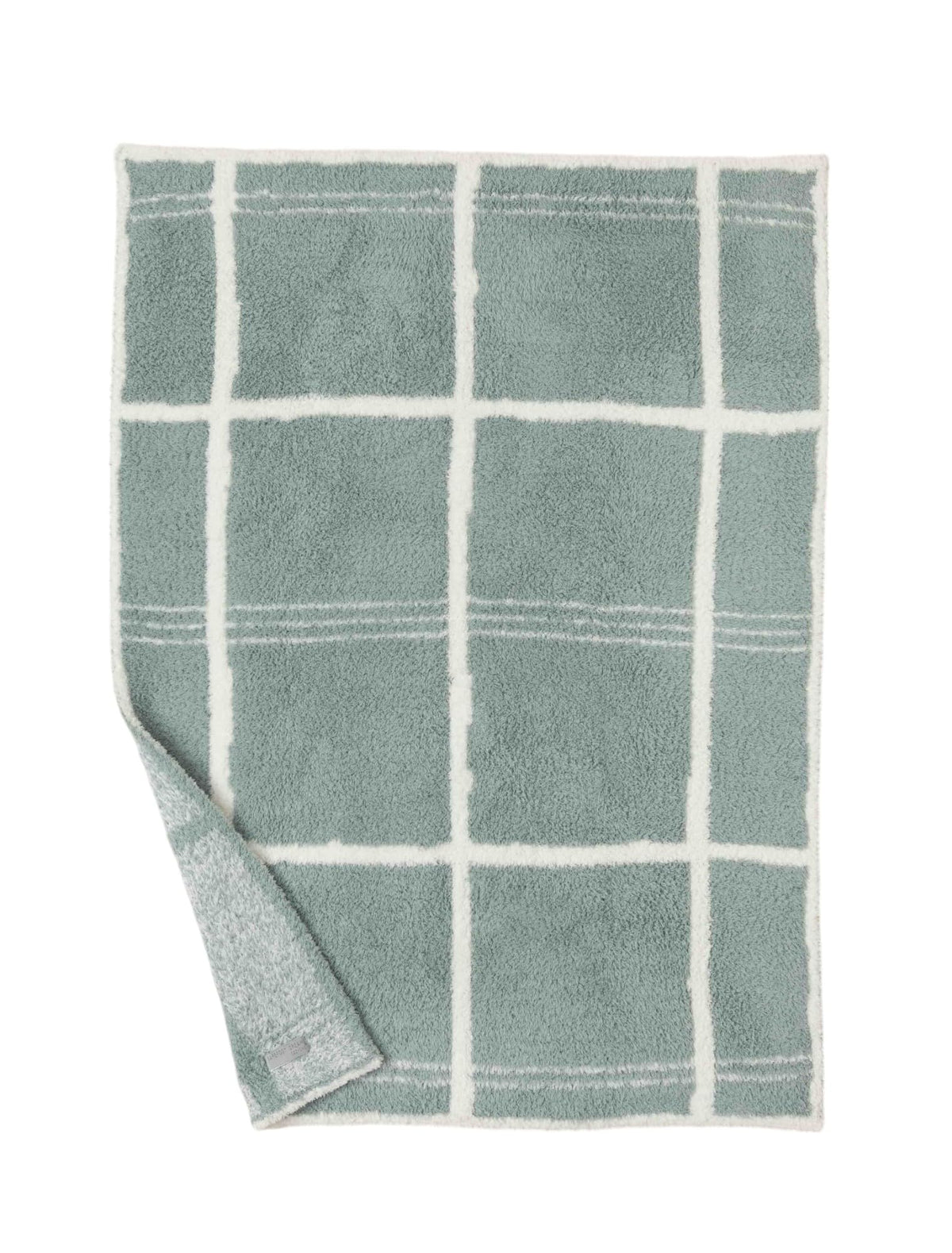 Barefoot Dreams CozyChic Grid Plaid Stroller Blanket in Sage Green-Cream for on-the-go warmth.