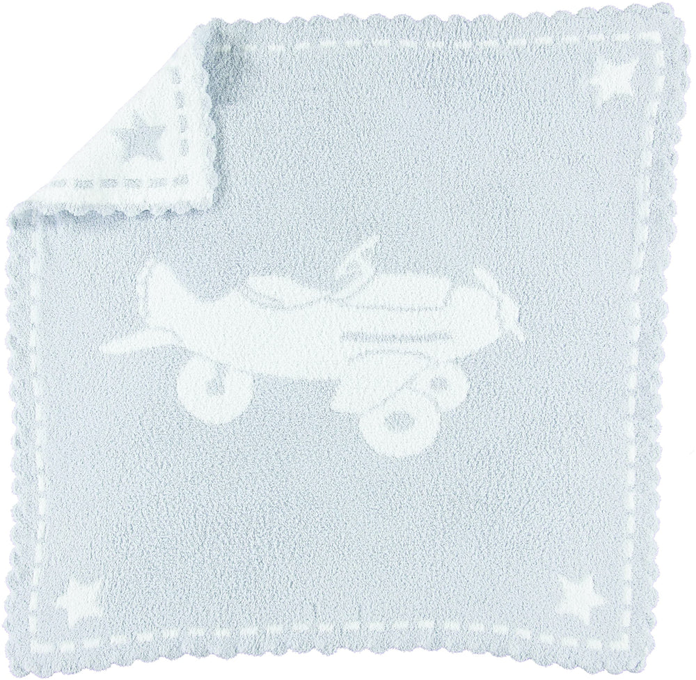 Barefoot Dreams CozyChic scalloped blanket in blue and white for baby's cuddles.