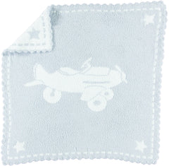 Barefoot Dreams CozyChic scalloped blanket in blue and white for baby's cuddles.