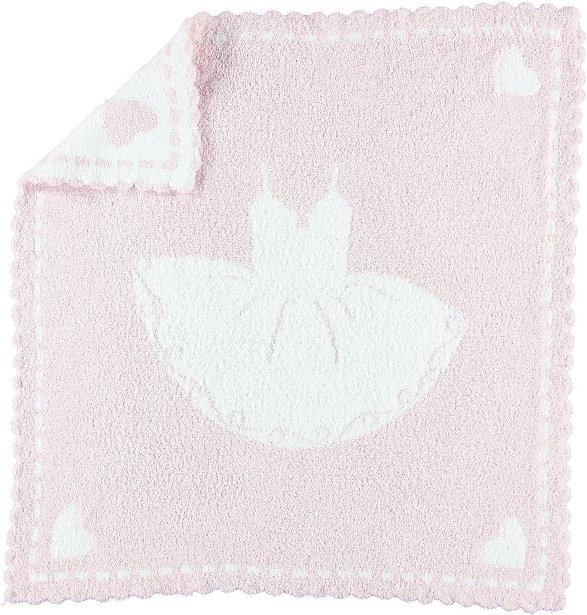 Barefoot Dreams CozyChic scalloped blanket pink tutu flat lay for cozy baby cuddles.