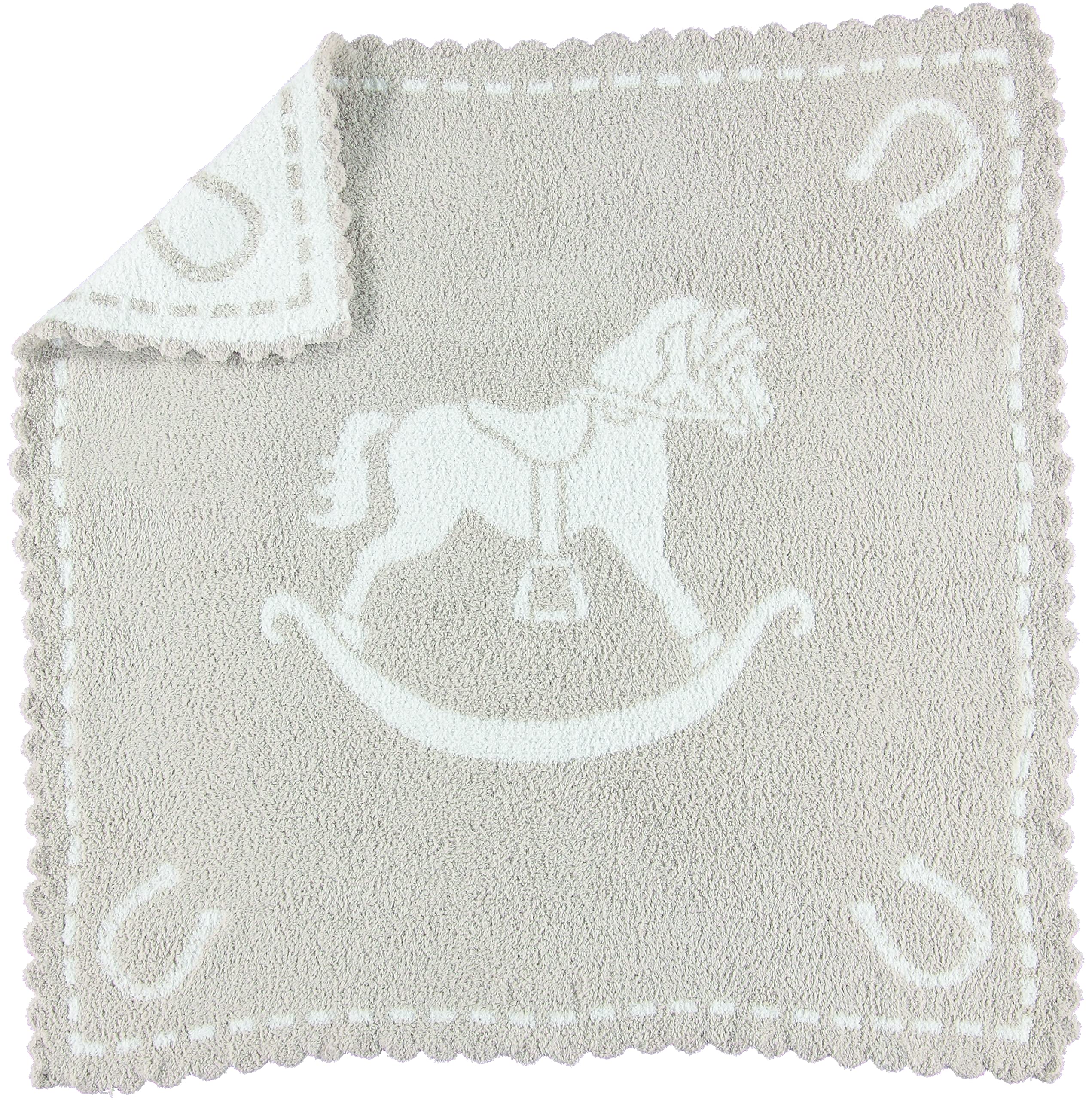 Barefoot Dreams CozyChic scalloped blanket in stone with soft warmth for cuddle time.