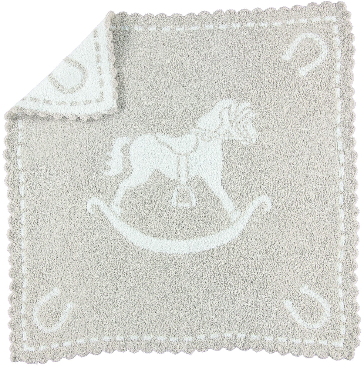 Barefoot Dreams CozyChic scalloped blanket in stone with soft warmth for cuddle time.