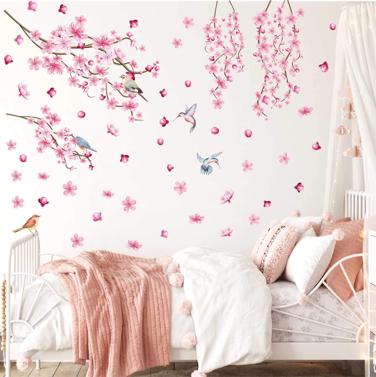 Barri Design girls room wall sticker pink flowers elevates cozy space.