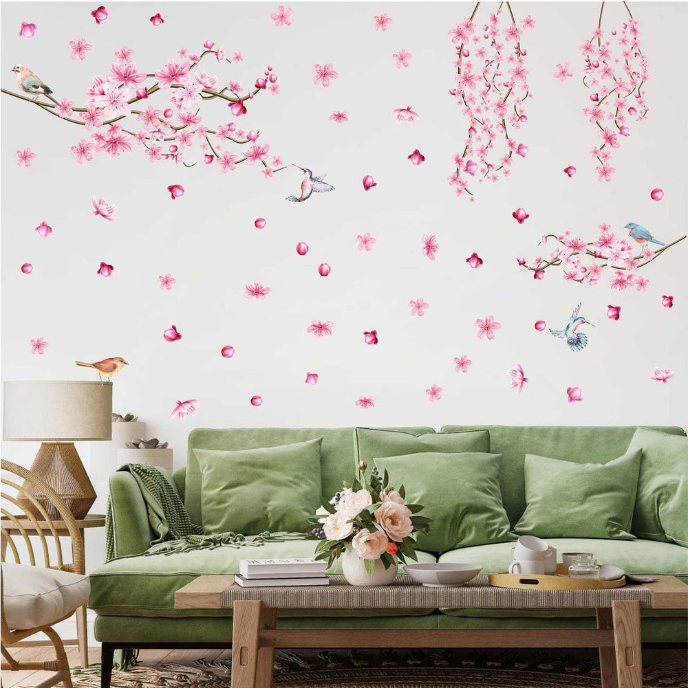 Barri Design living room wall decal cherry bloom creates inviting decor.