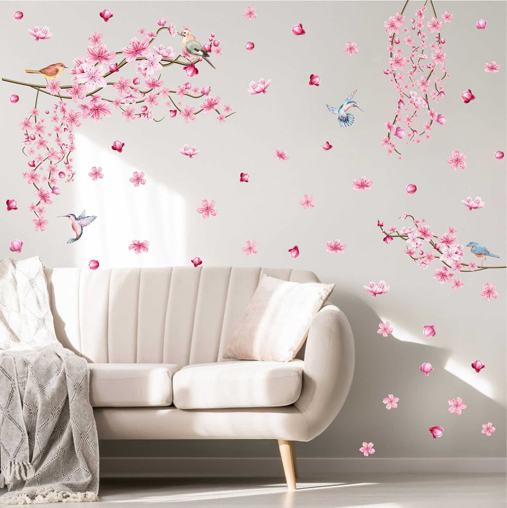 Barri Design watercolor cherry flowers wall decal enhances soft pink bedroom ambiance.
