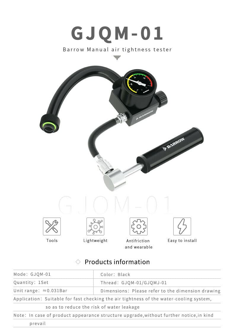 Barrow Manual Air Tightness Tester kit included image emphasizing easy setup