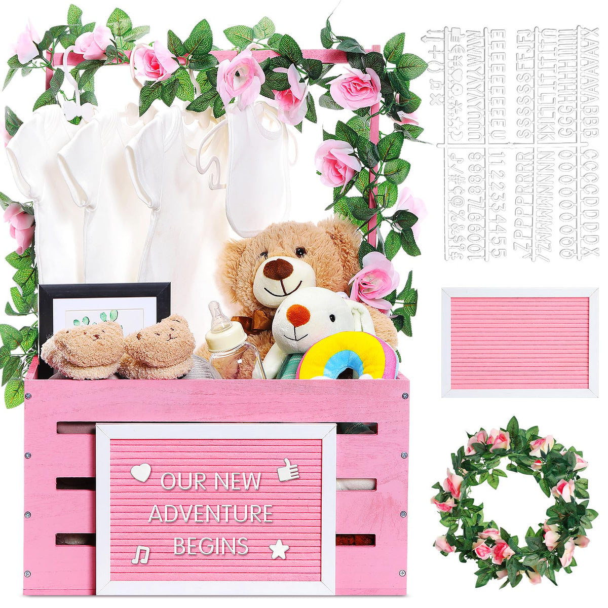 Barydat pink wooden baby shower crate front view showing rustic warm decor.