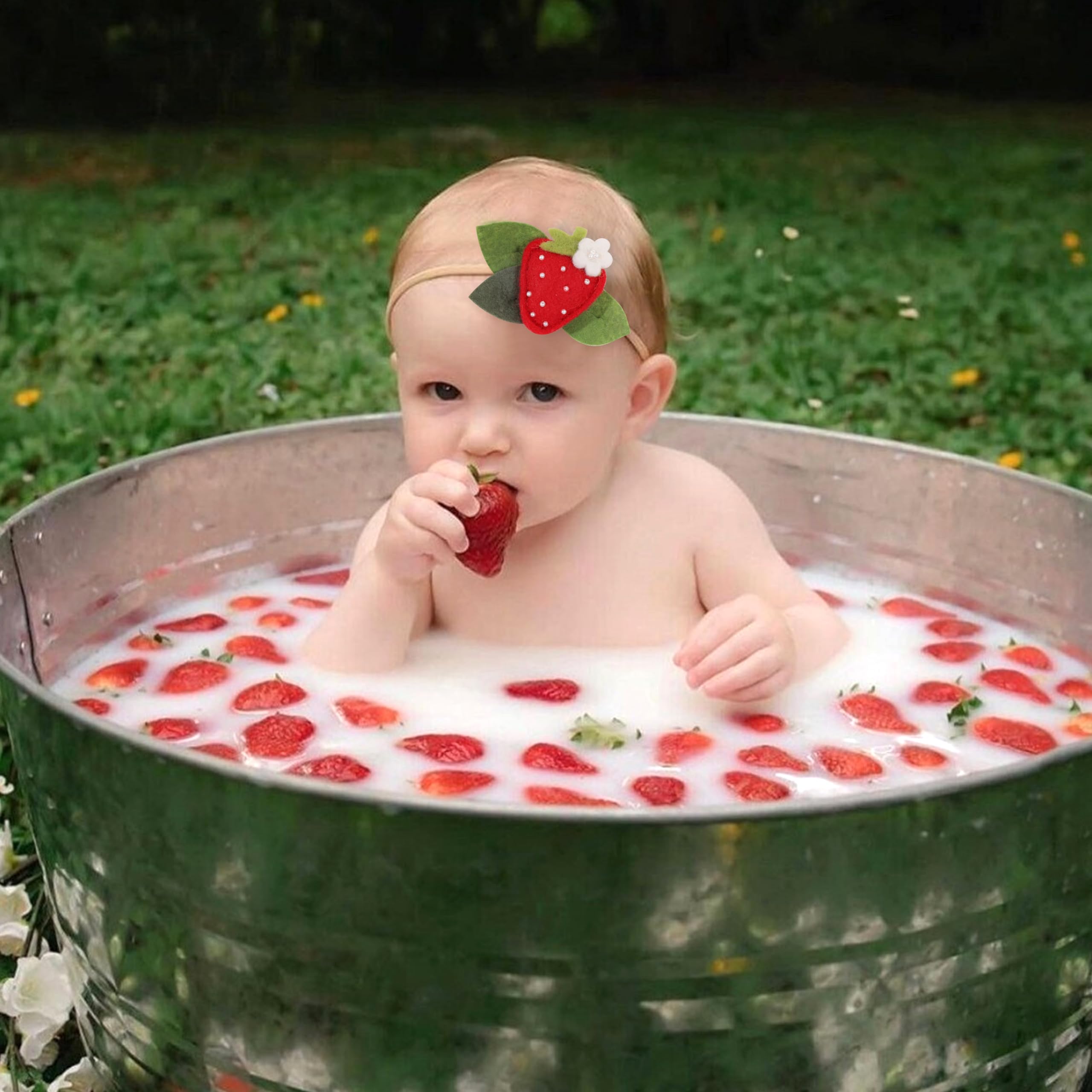 BASCT Strawberry Baby Headband worn-on-baby-girl shown during birthday party styling.