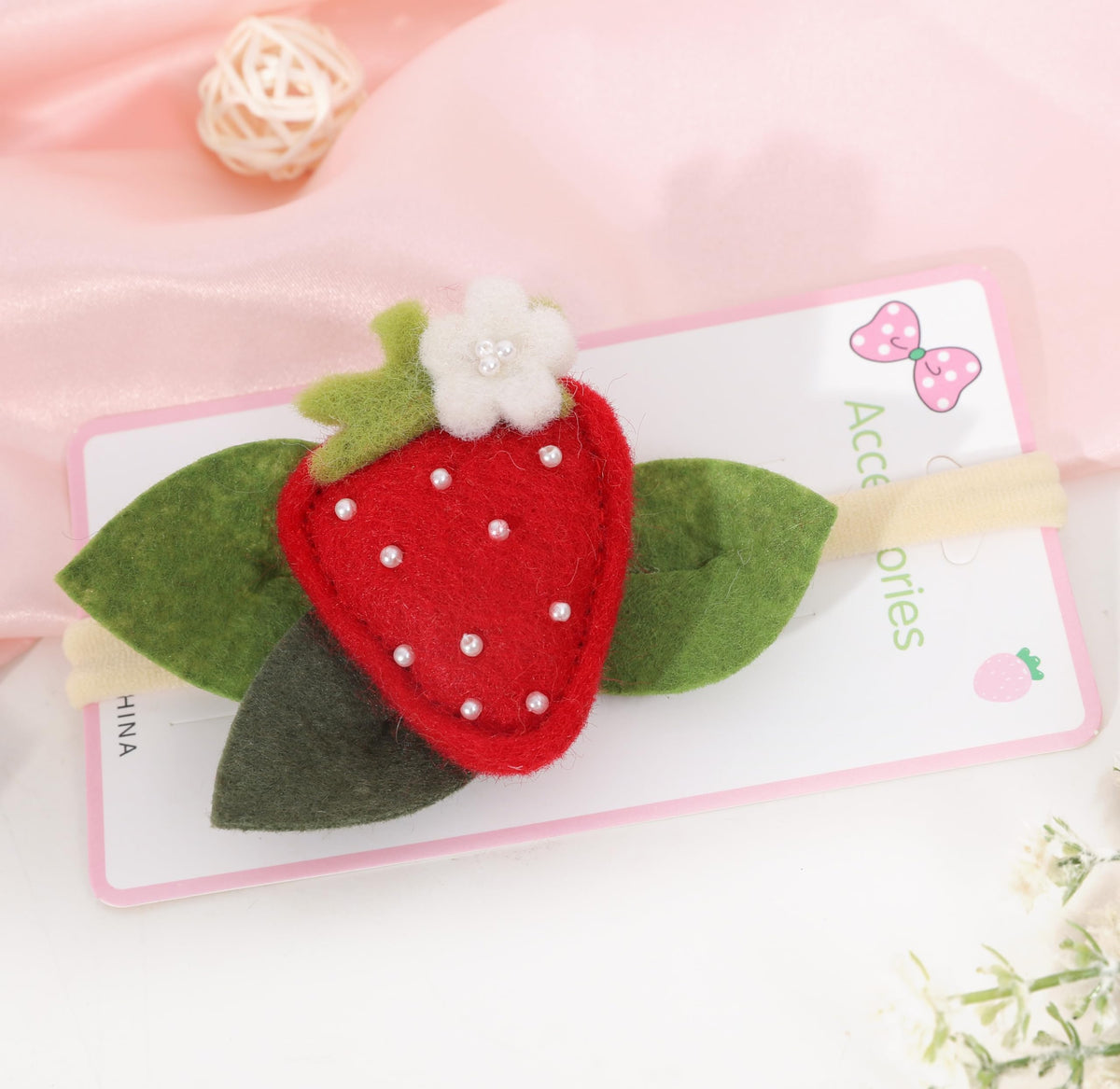 BASCT Strawberry Baby Headband plush-embellishment close-up for photo-ready outfits.