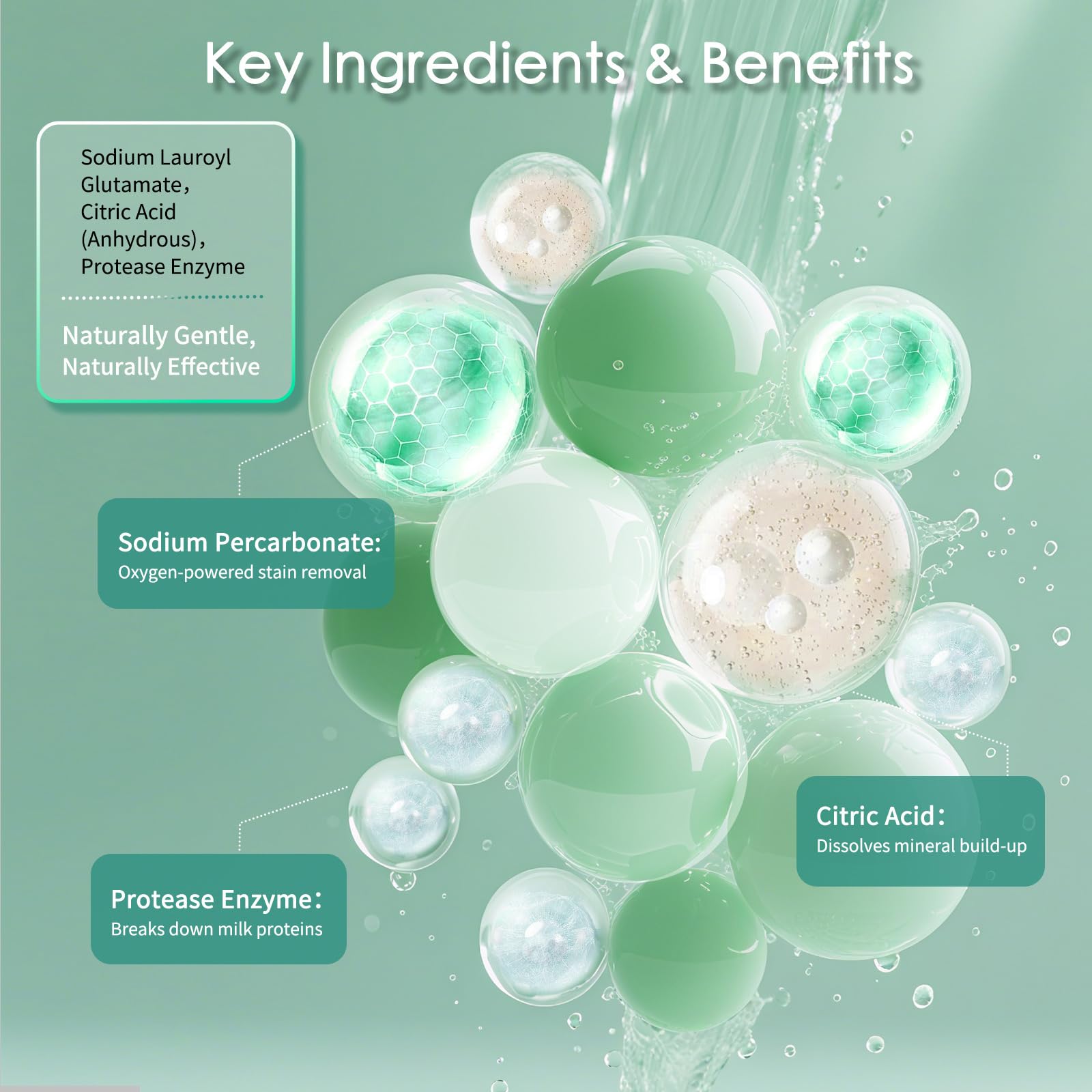 Basece baby-bottle-tablets dissolving in water demonstrating quick, residue-free cleaning
