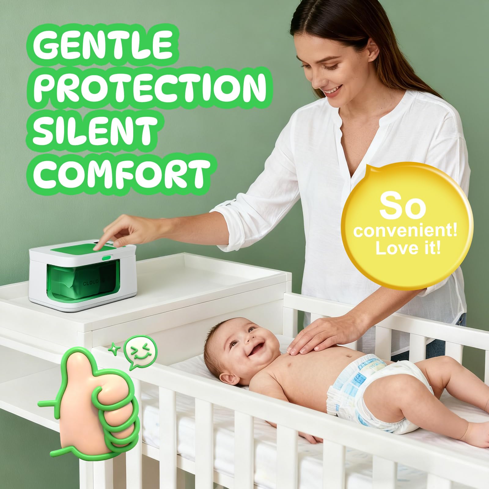 Basece Wipe Warmer night-light casts gentle glow for calm nighttime changes.