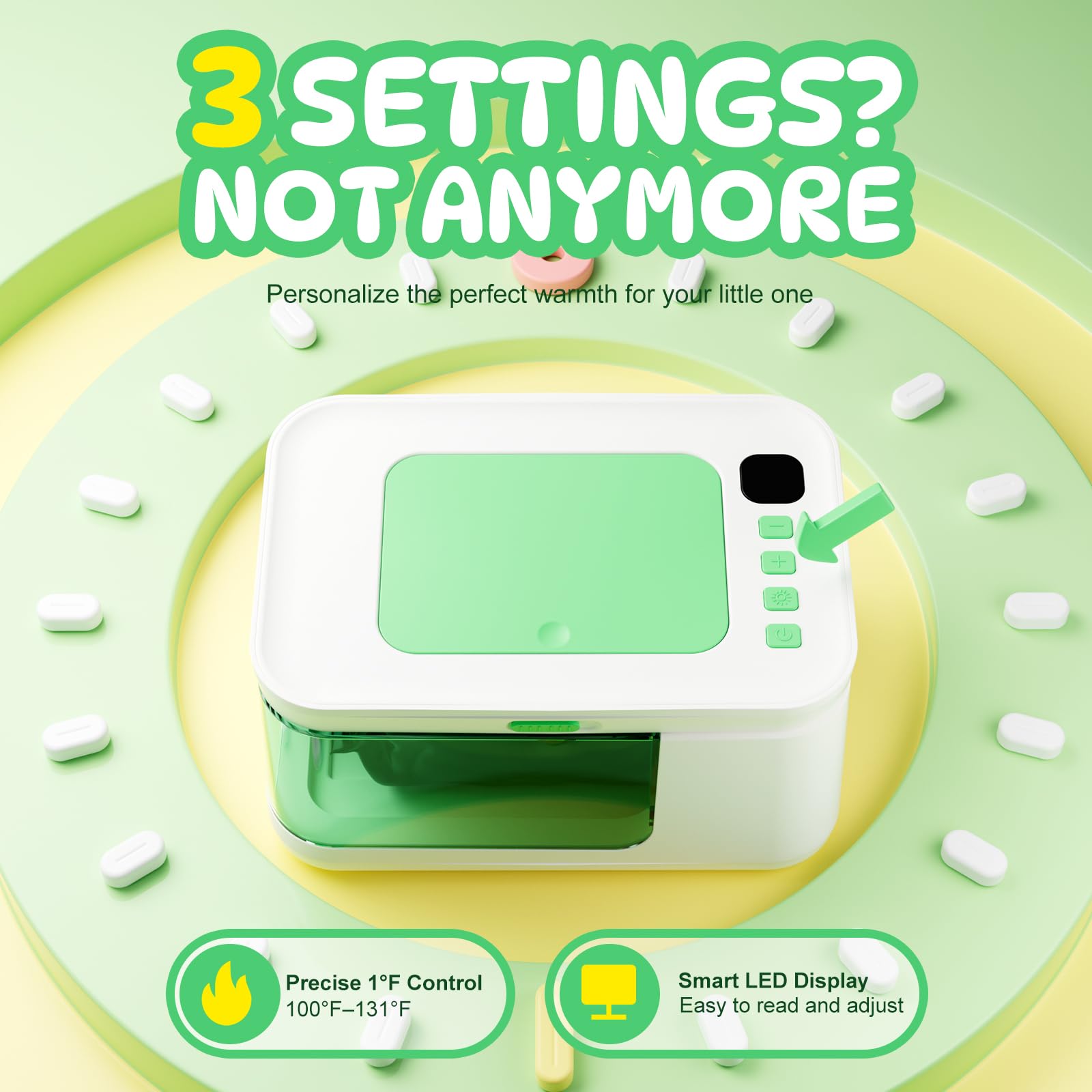 Basece Wipe Warmer—precise temperature range 100–131°F for comfortable diaper changes.