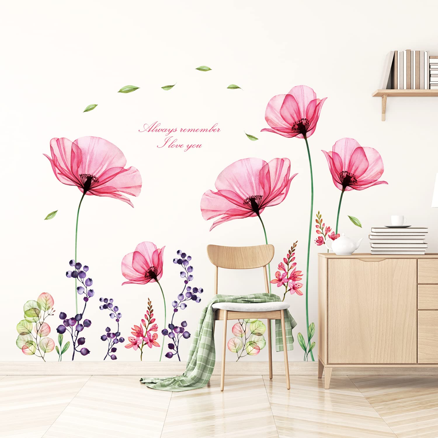 BASHOM Decowall SG2-106 pink flowers bedroom corner decal for cozy ambiance