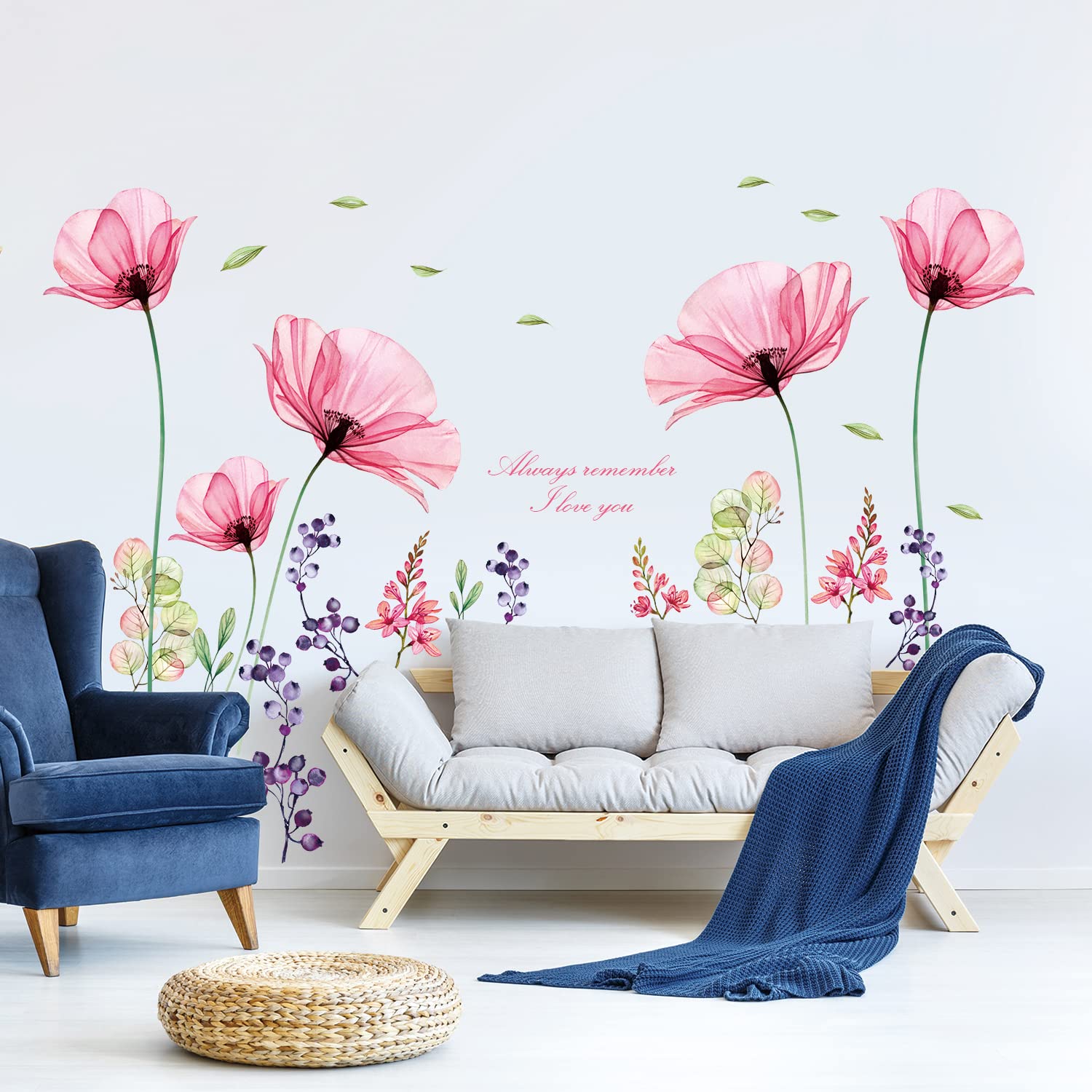 BASHOM Decowall SG2-106 right panel pink flowers wall decal adds soft vintage mood