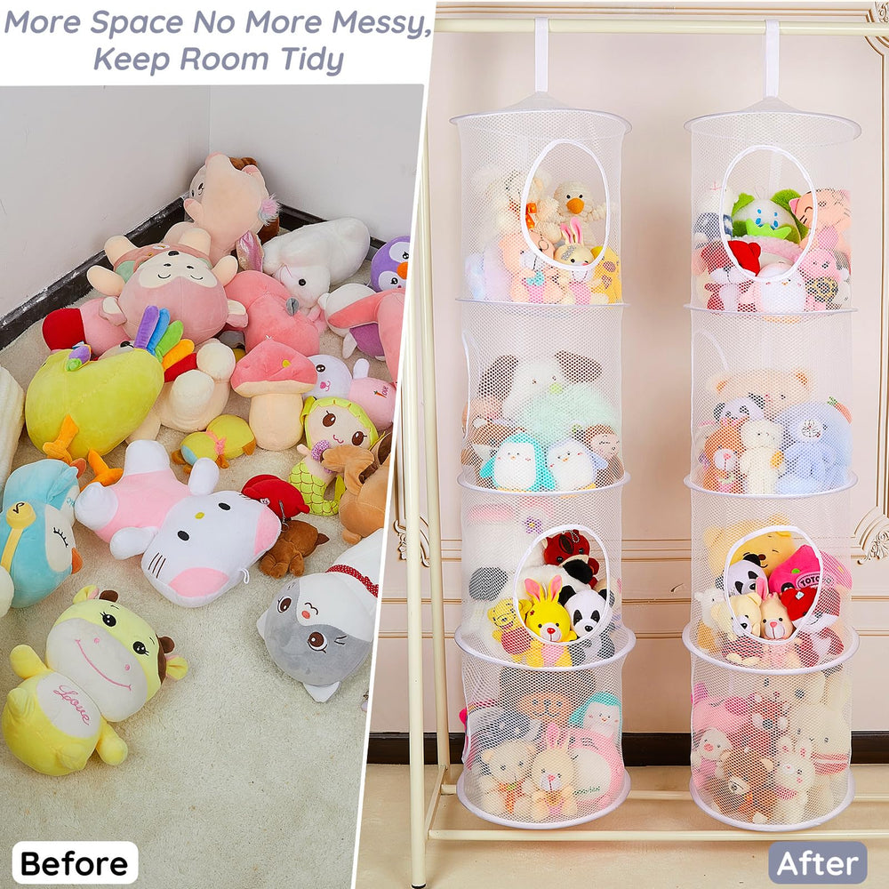 Basumee closet hanging toy net with plush animals, space-saving design