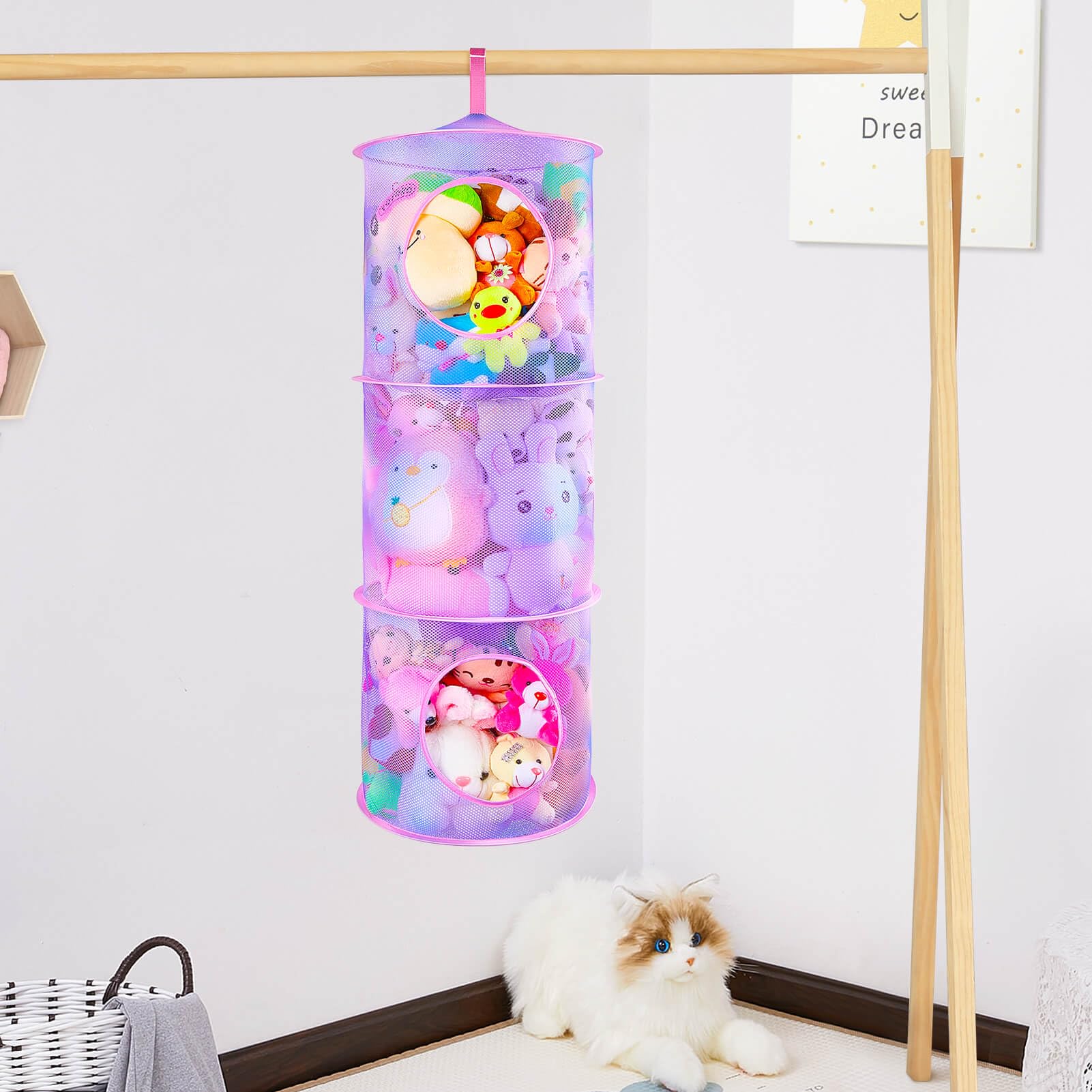 Basumee closet hanging toy storage helps reduce bedroom clutter.