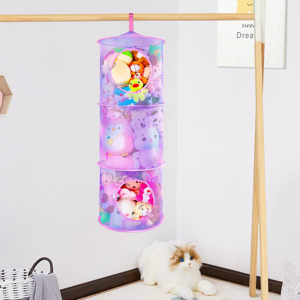 Basumee closet hanging toy storage helps reduce bedroom clutter.