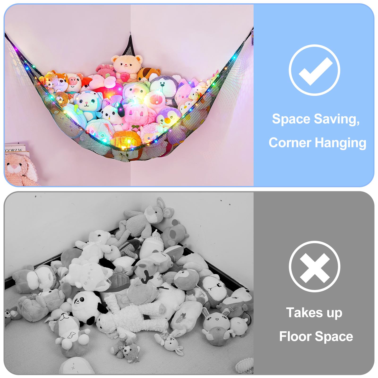 Basumee corner hanging net keeps plush toys within easy reach.