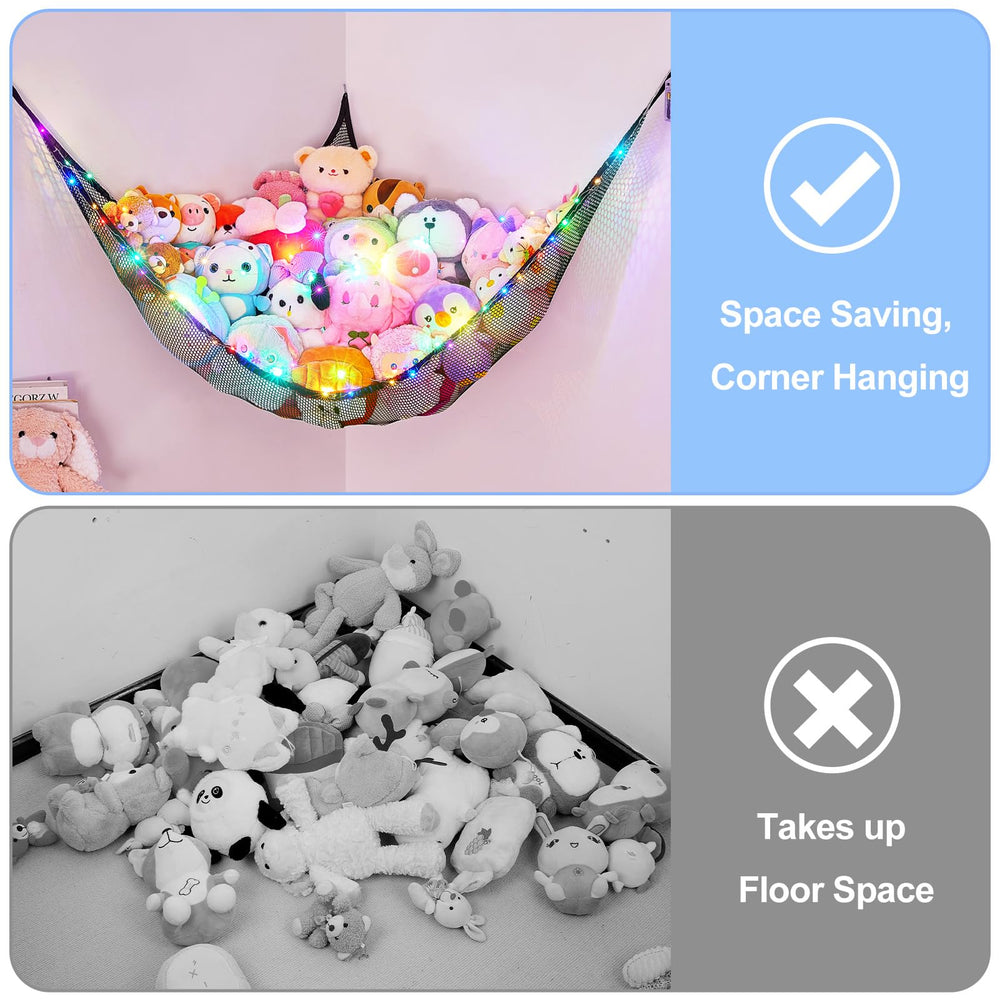Basumee corner hanging net keeps plush toys within easy reach.