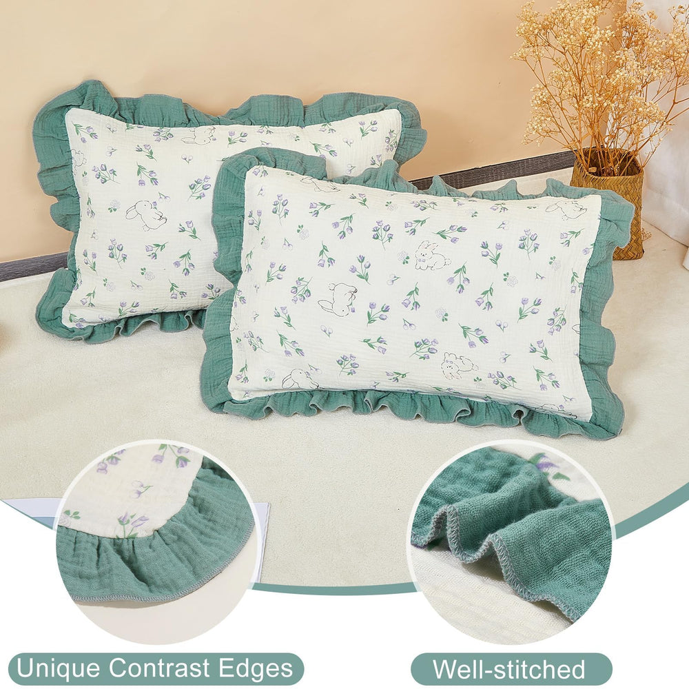 Basumee green bunny envelope-closure pillowcase keeps pillow secure and easy to wash.