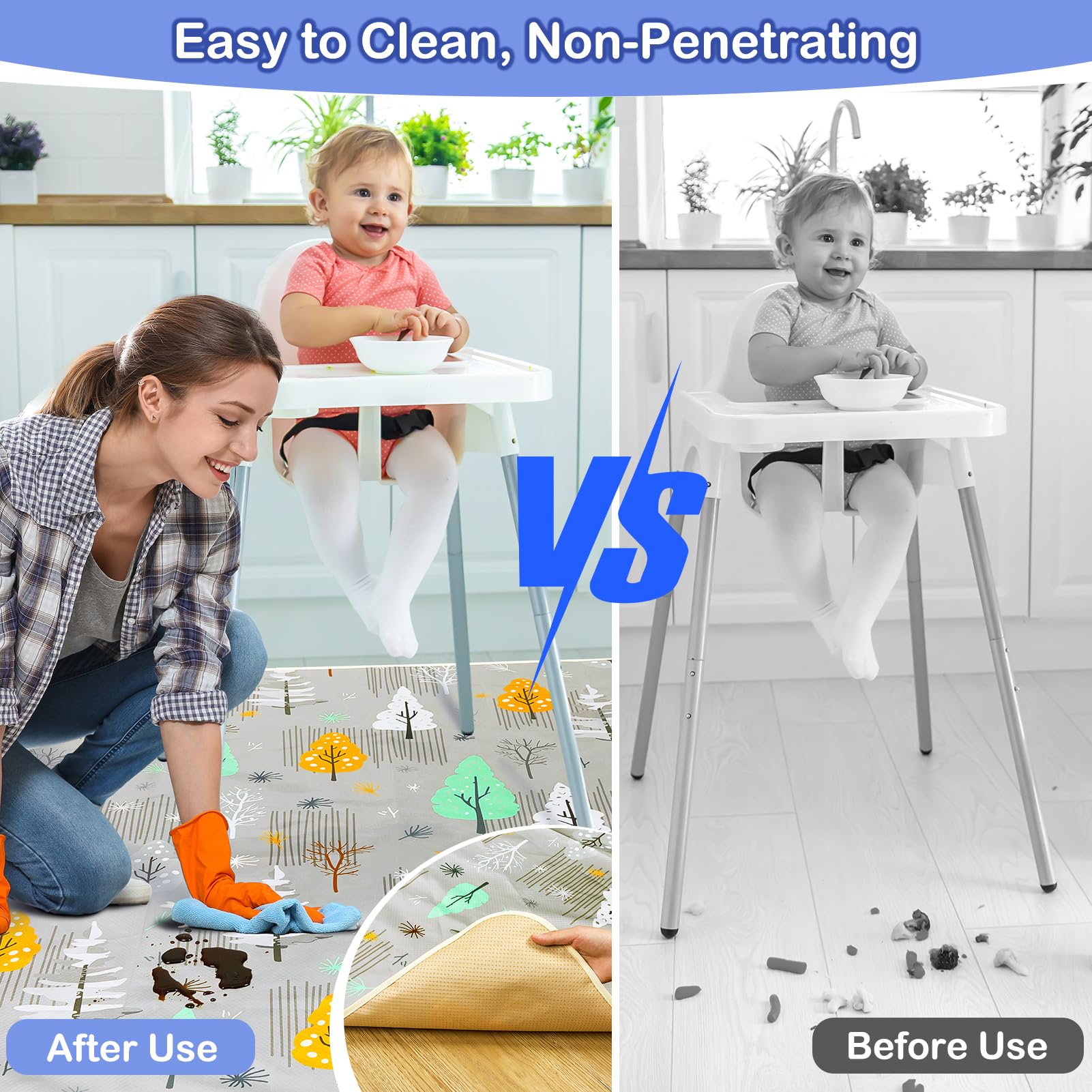 Basumee High Chair Mat with non-slip bottom stays in place during meals