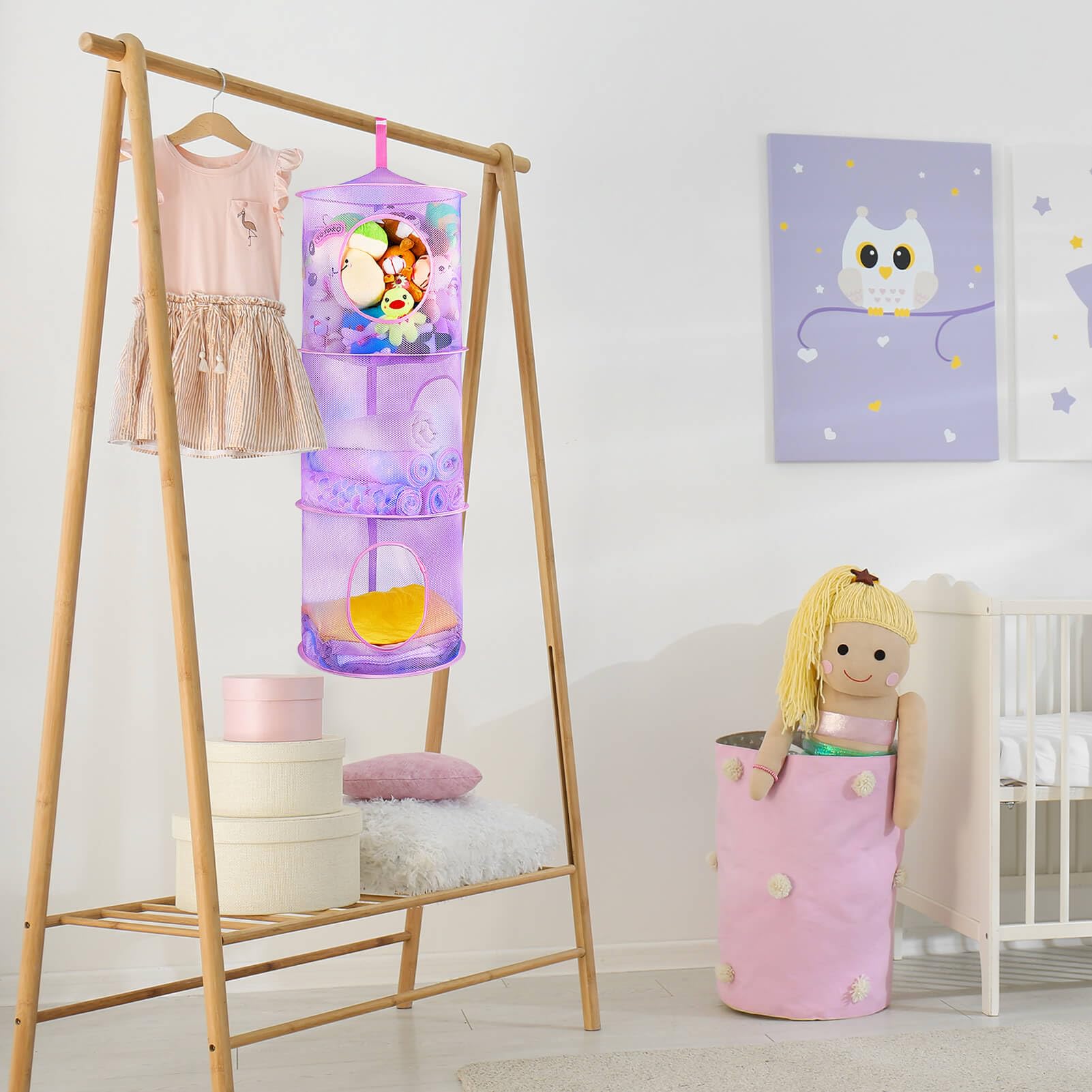Basumee kids room decor mesh hammock adds playful storage and tidiness.