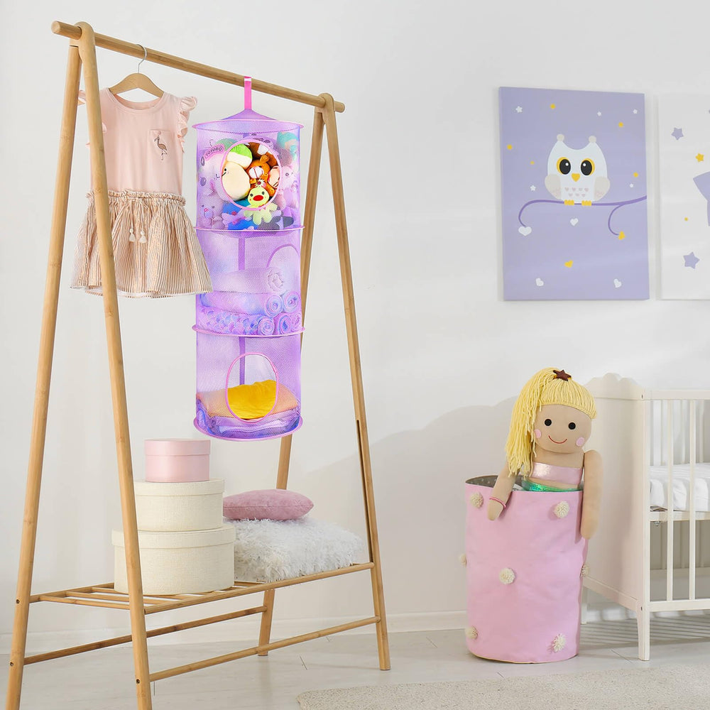Basumee kids room decor mesh hammock adds playful storage and tidiness.