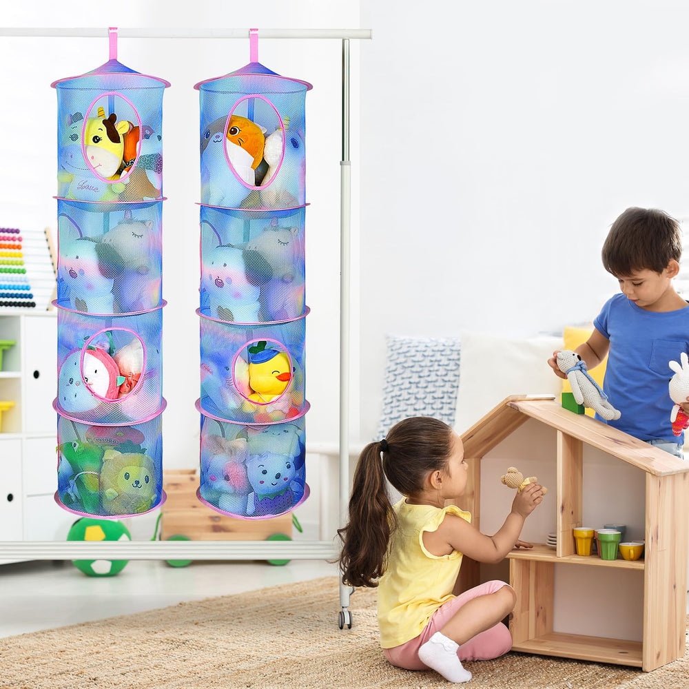 Basumee kids room decor adds color while neatly storing plushies.