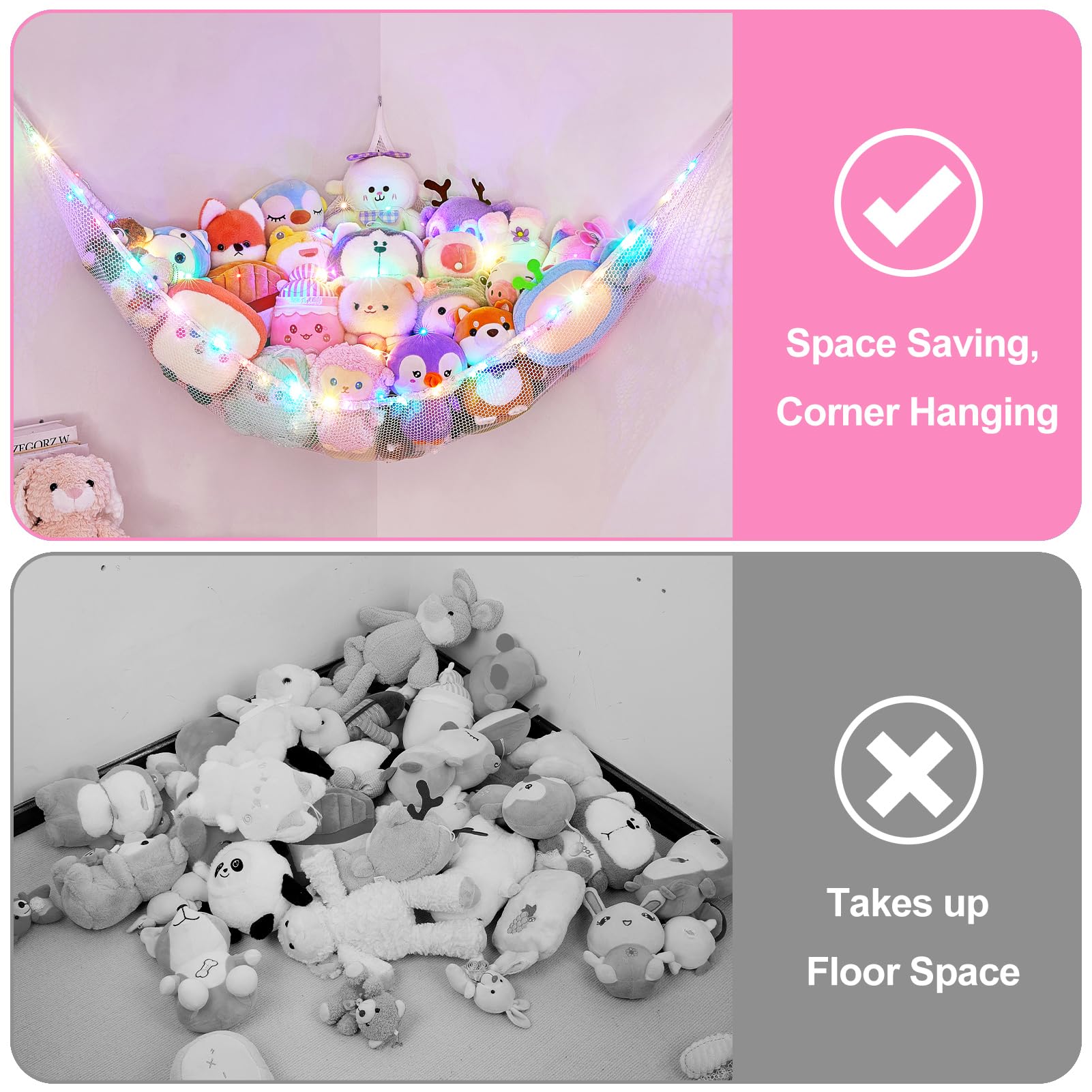 Basumee large stuffed animals hammock spans the corner for easy organization