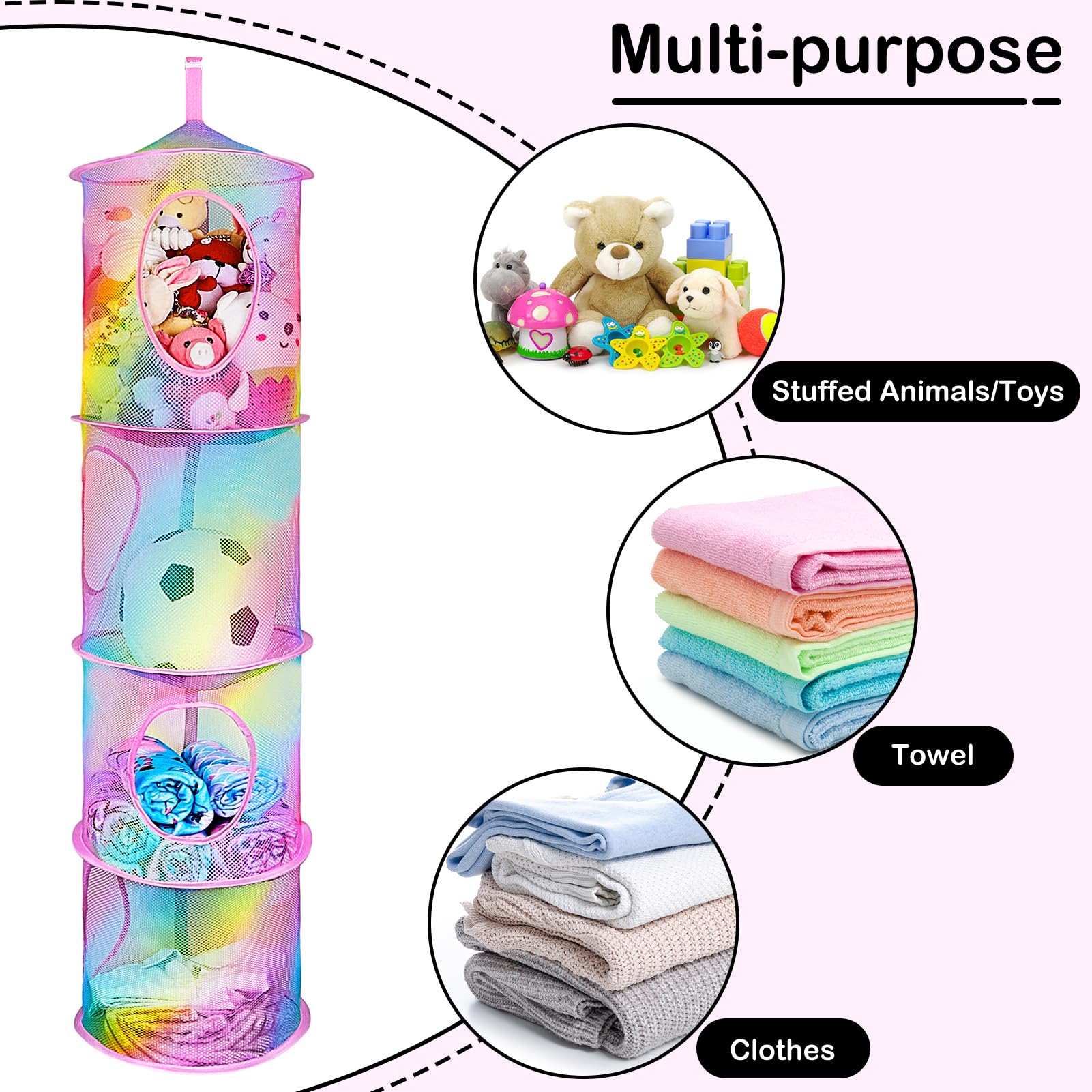 Basumee mesh compartments provide clear visibility to locate favorite plush quickly.