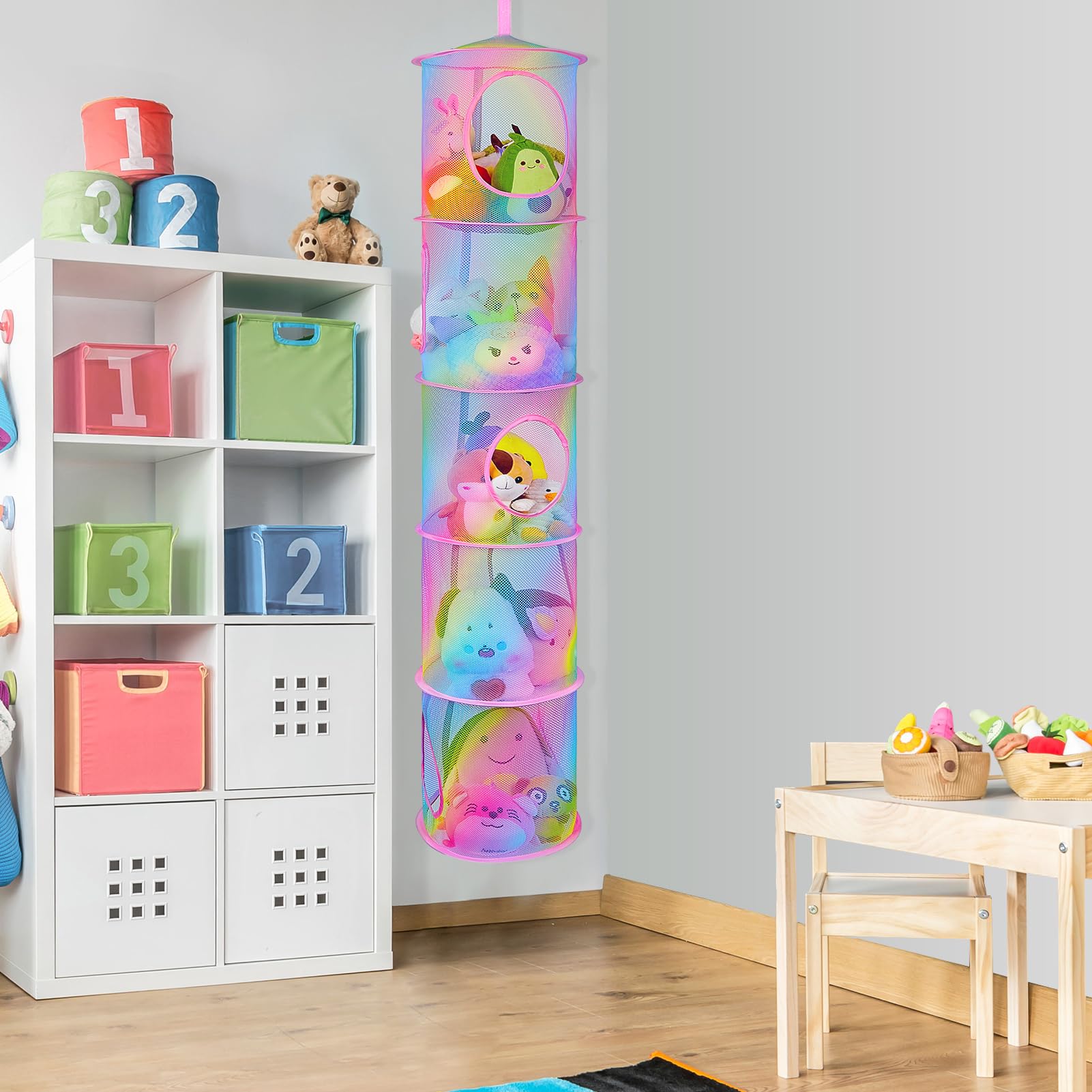 Basumee mesh compartments offer clear visibility for quick plush toy sorting.