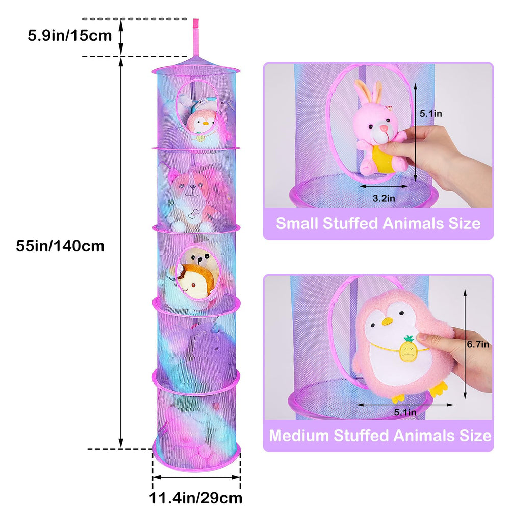 Basumee mesh compartments keep plushies visible and accessible in hallways or closets
