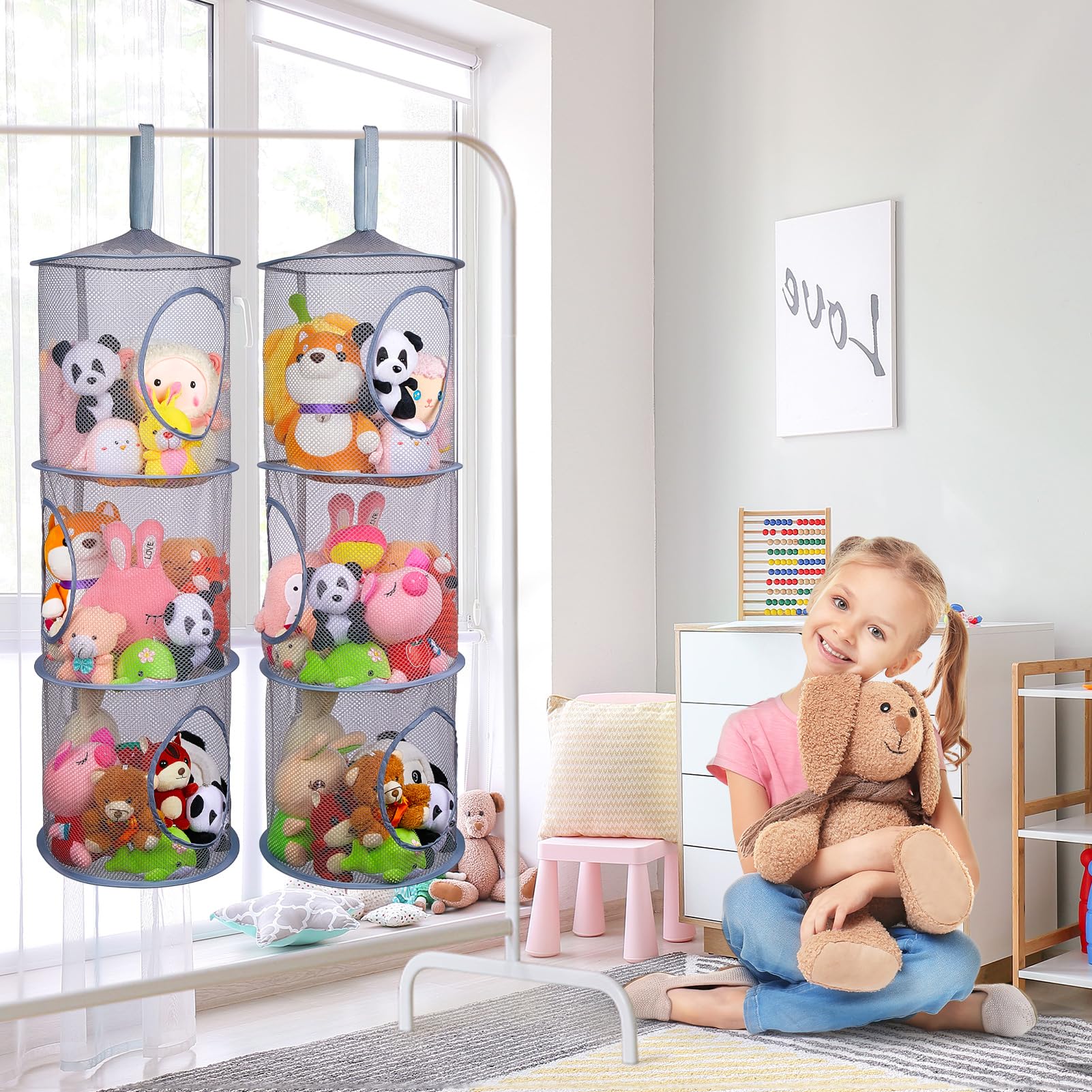 Basumee mesh toy storage hammock keeps plushies organized in three tiers for tidy rooms.
